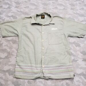 Vintage Nikon Shirt Mens Medium Green Short Sleeve Button Up Hawaiian